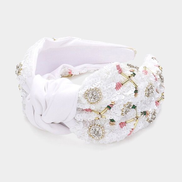 Rhinestone Sparkle White Golf Players Gift Beaded Sequin Boho Knot Headband NEW - Picture 3 of 5